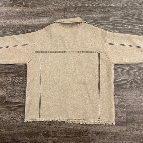 EUC Elliott Lauren Beige Top Stitch Button Front Sweater Jacket Sz M Fringe Hem - Picture 12 of 16